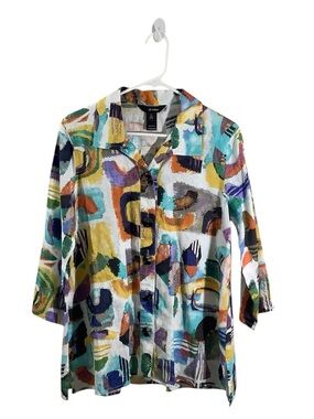 Ali Miles Abstract Multicolor Button Front Blouse Top Tunic Linen Blend